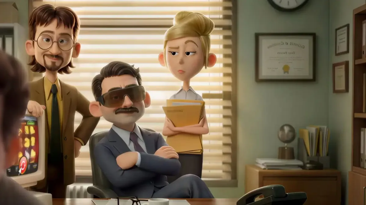 SpinBoss office scene: the boss in sunglasses with the team behind